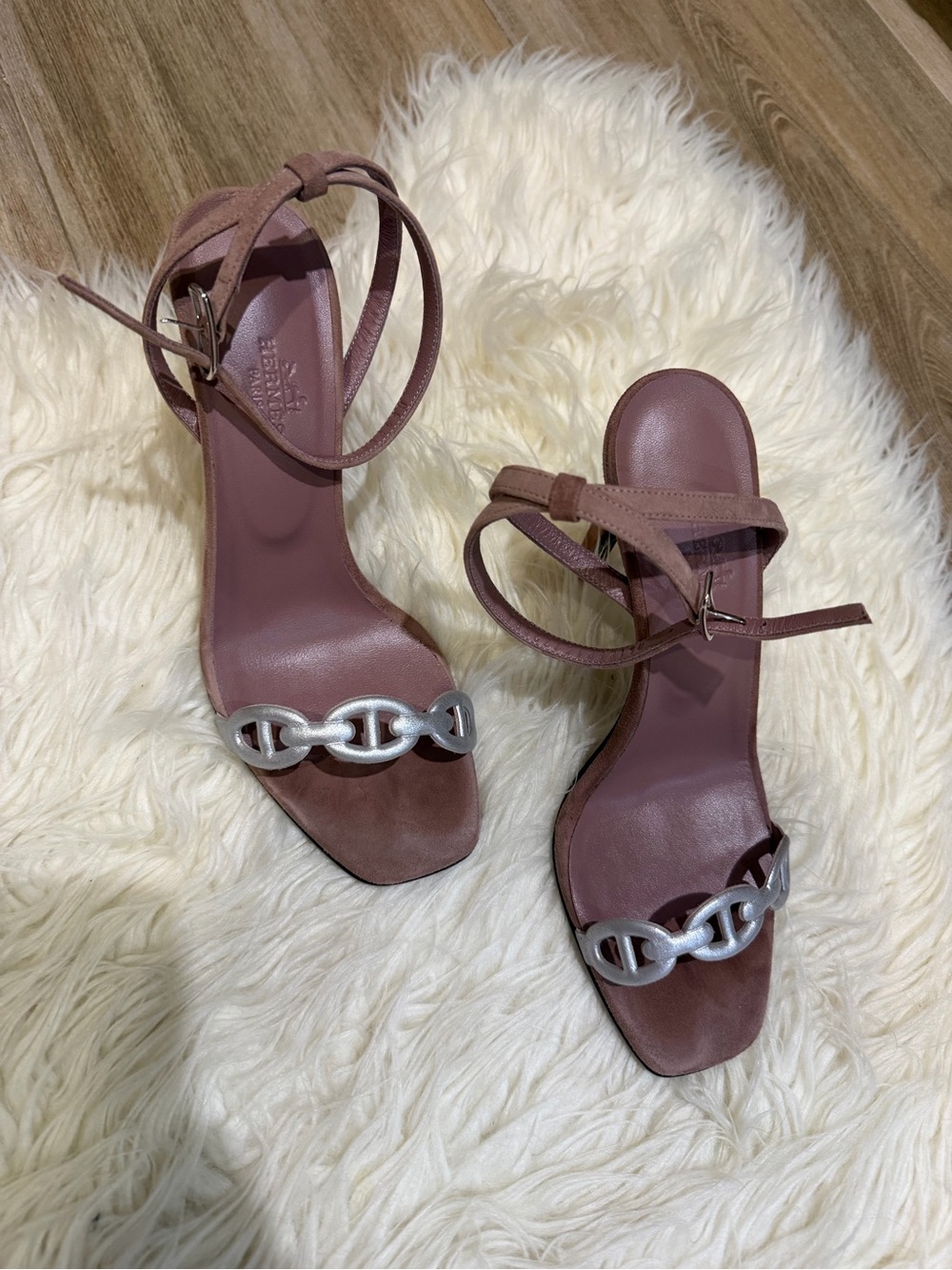 Hermes Dusty Rose Chain-Accent Ankle-Strap Heels